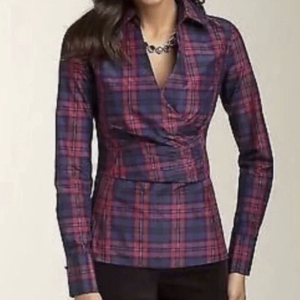 TALBOTS Blouse Faux Wrap Top Pleated “TARTAN” Plaid Silk Blend Navy Purple 14W